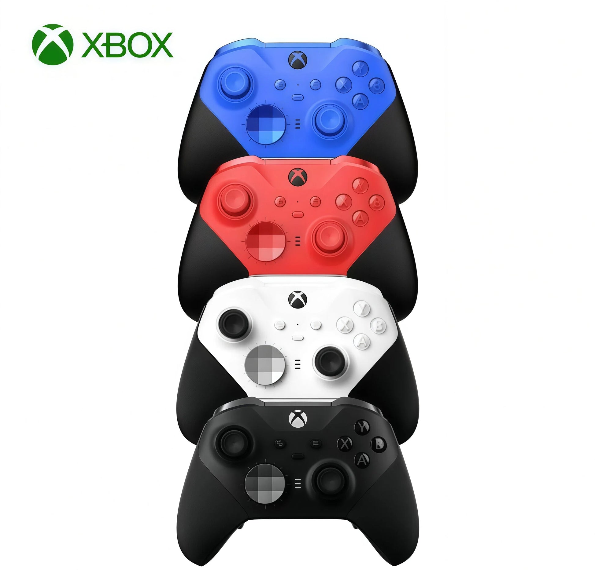 Stack of Xbox Elite Series 2 wireless controllers in blue, red, white, and black finishes, showcasing color options for gamers.