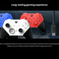 Blue, red, and white Xbox Elite Series 2 wireless controllers with 40-hour rechargeable battery and durable components for long gaming sessions.