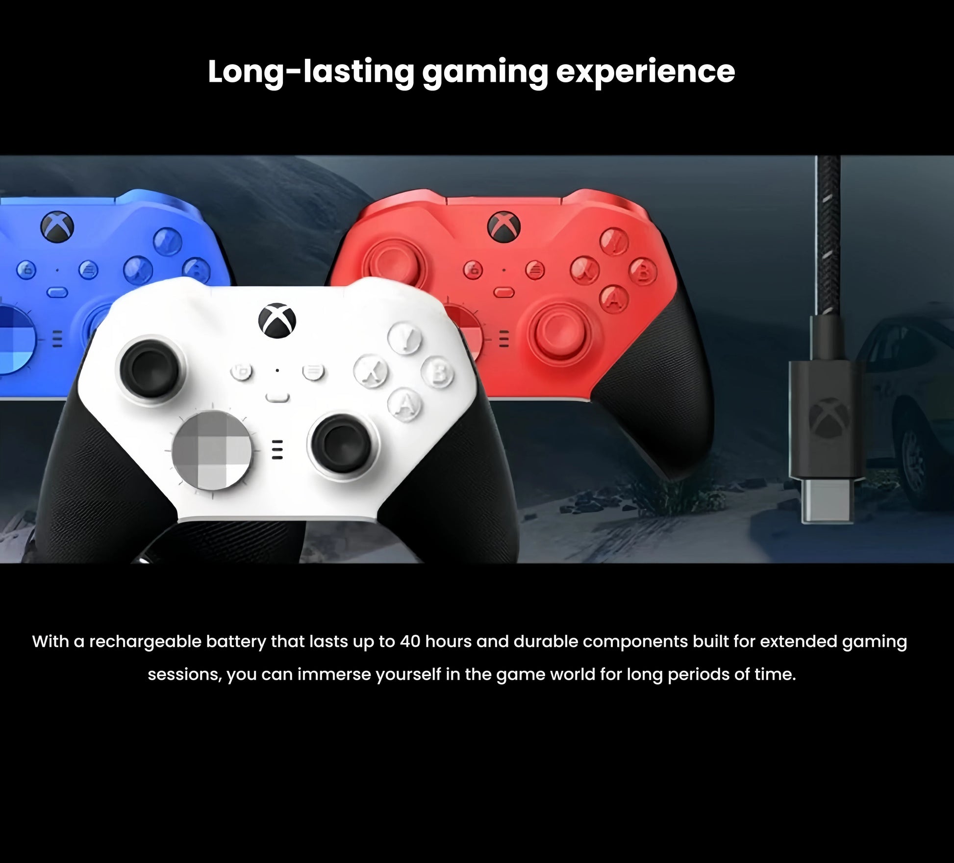Blue, red, and white Xbox Elite Series 2 wireless controllers with 40-hour rechargeable battery and durable components for long gaming sessions.