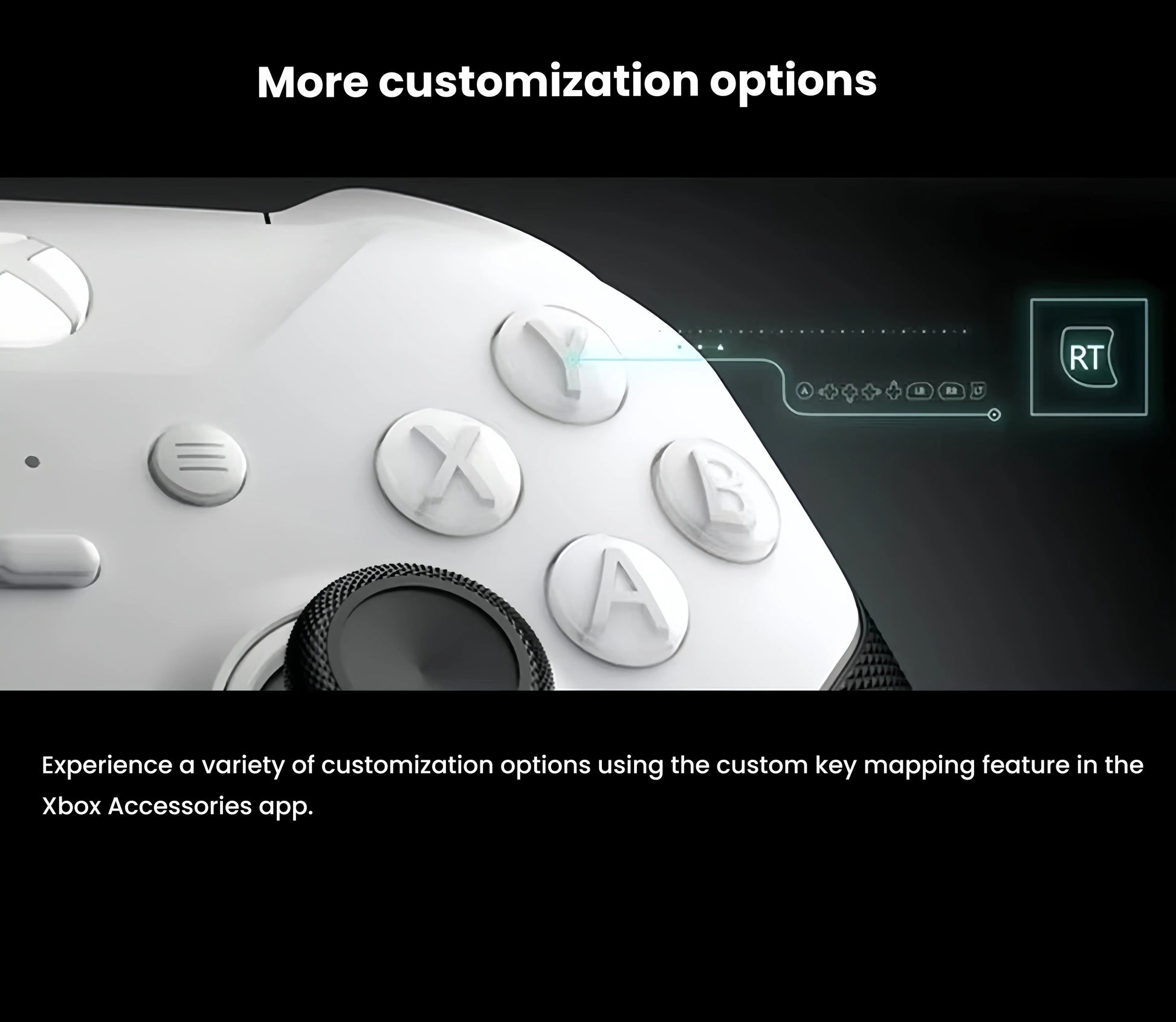 Close-up of white Xbox Elite Series 2 wireless controller showing customizable A/B/X/Y buttons and key-mapping via Xbox Accessories app.