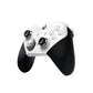 ¾ front view of white Xbox Elite Series 2 wireless controller with rubberized grips and interchangeable thumbsticks.
