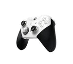 ¾ front view of white Xbox Elite Series 2 wireless controller with rubberized grips and interchangeable thumbsticks.
