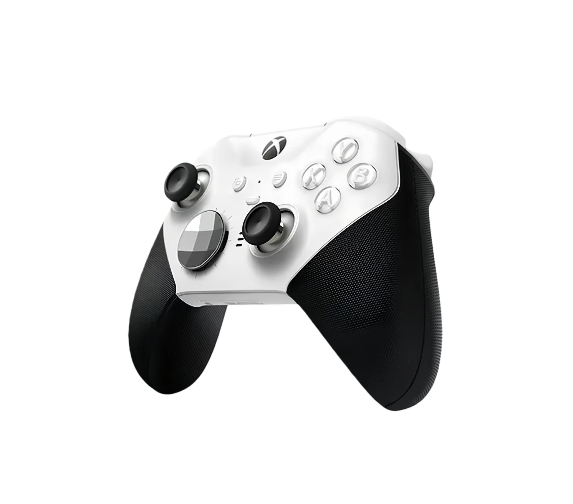 ¾ front view of white Xbox Elite Series 2 wireless controller with rubberized grips and interchangeable thumbsticks.