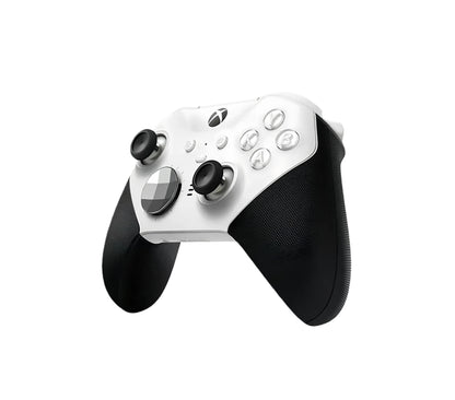 ¾ front view of white Xbox Elite Series 2 wireless controller with rubberized grips and interchangeable thumbsticks.