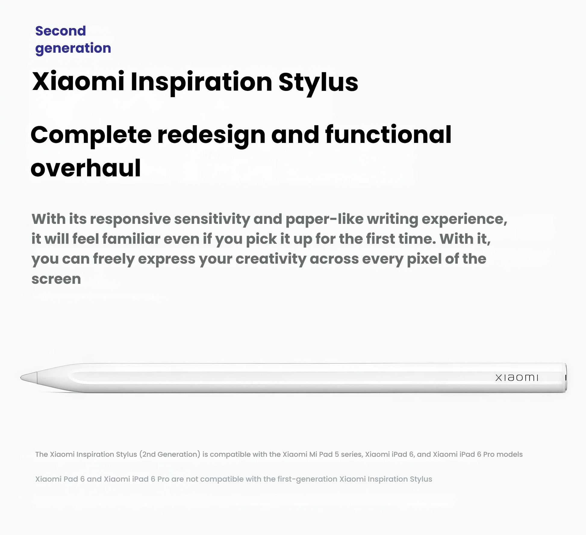 Second-generation Xiaomi Inspiration Stylus with sleek white body and refined design; compatible with Xiaomi Mi Pad 5 series, Xiaomi iPad 6, and Xiaomi iPad 6 Pro models.