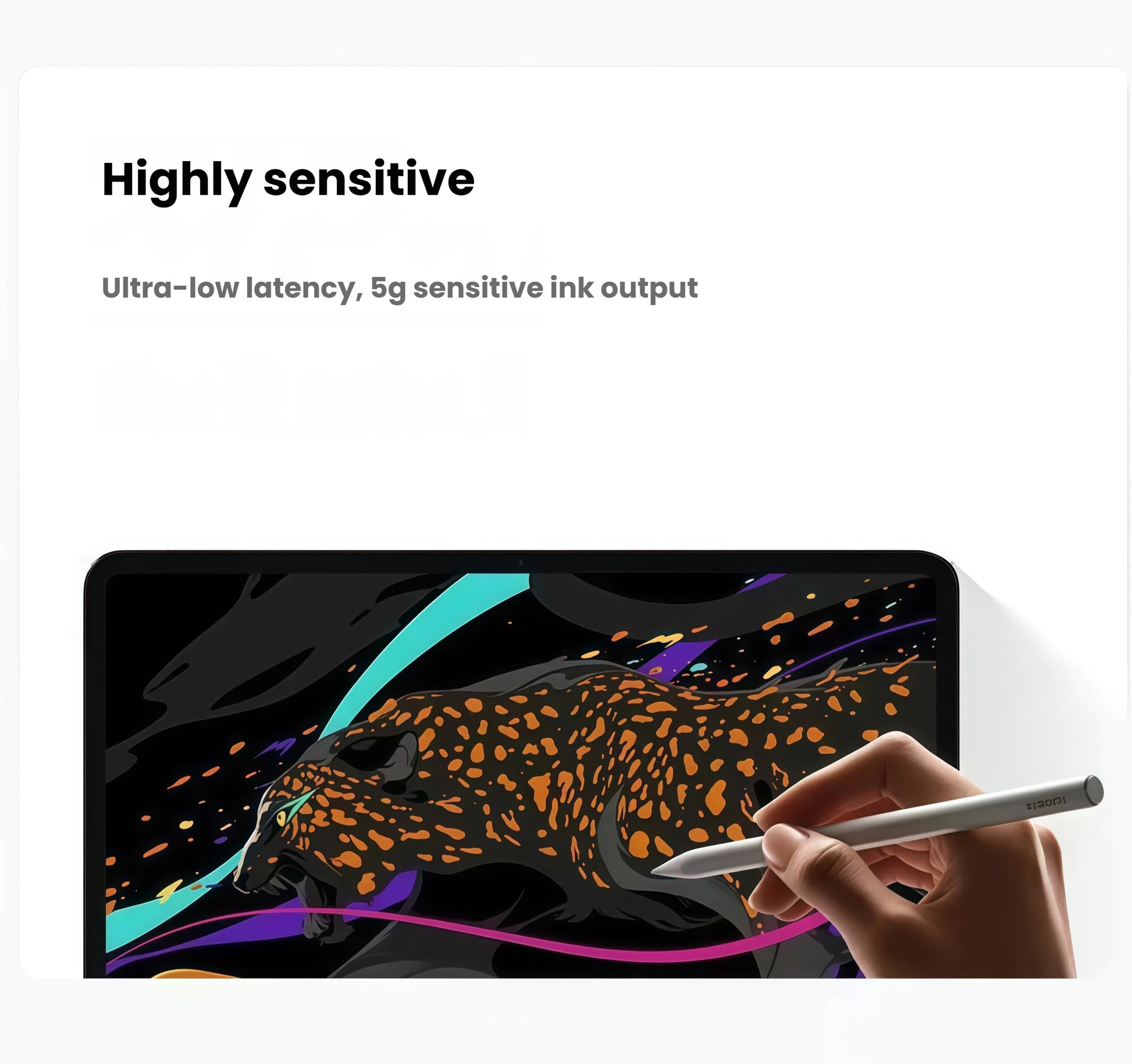 Hand using Xiaomi Inspiration Stylus 2nd Gen to draw a detailed illustration on tablet screen; showcases highly sensitive 5g pressure response and ultra-low latency for seamless creativity.
