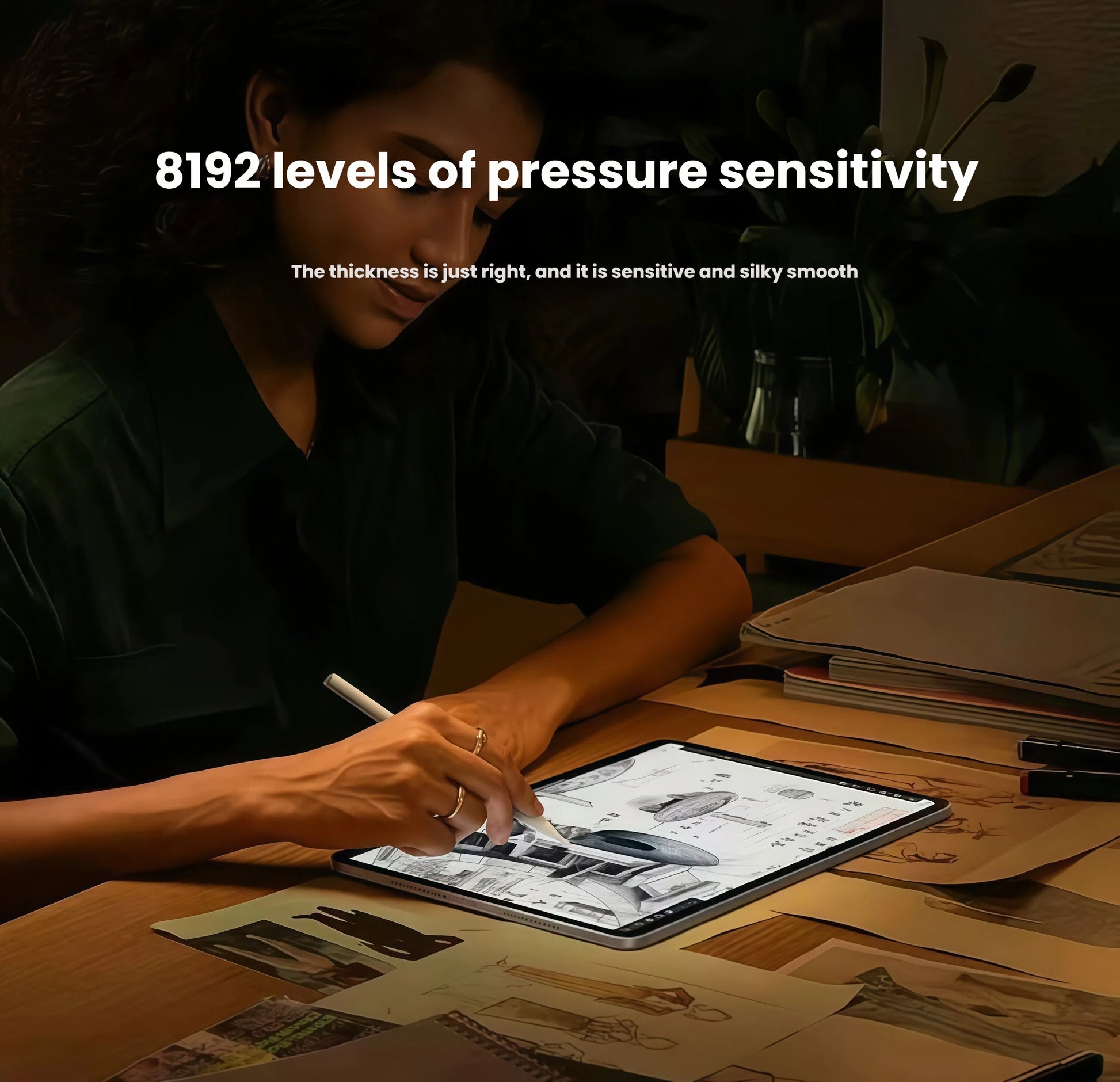 Woman using Xiaomi stylus pen on tablet with 8192 levels of pressure sensitivity; smooth, responsive strokes ideal for digital art, sketching, and professional annotations.