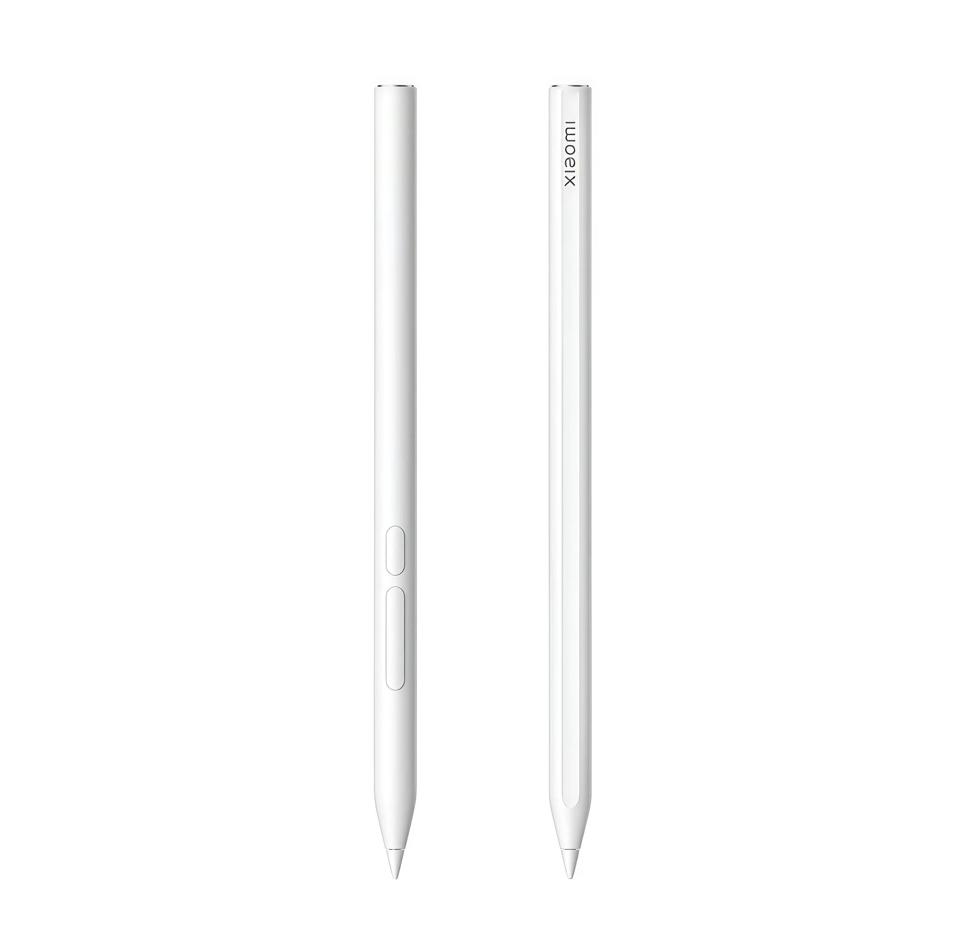 Front and side view of Xiaomi Pad 7 Pro stylus pen in white; minimalist design with two tactile buttons for smart functionality and seamless tablet integration.
