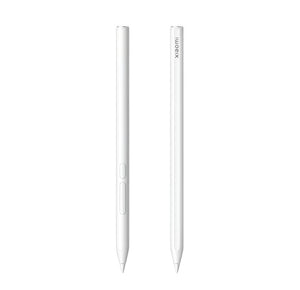 Front and side view of Xiaomi Pad 7 Pro stylus pen in white; minimalist design with two tactile buttons for smart functionality and seamless tablet integration.
