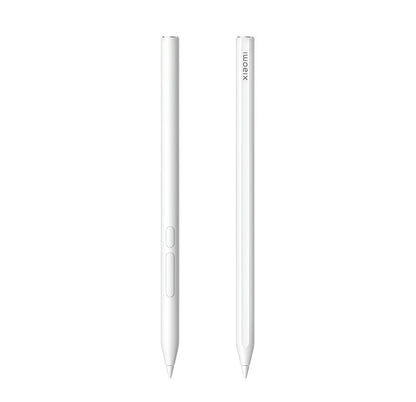Front and side view of Xiaomi Pad 7 Pro stylus pen in white; minimalist design with two tactile buttons for smart functionality and seamless tablet integration.
