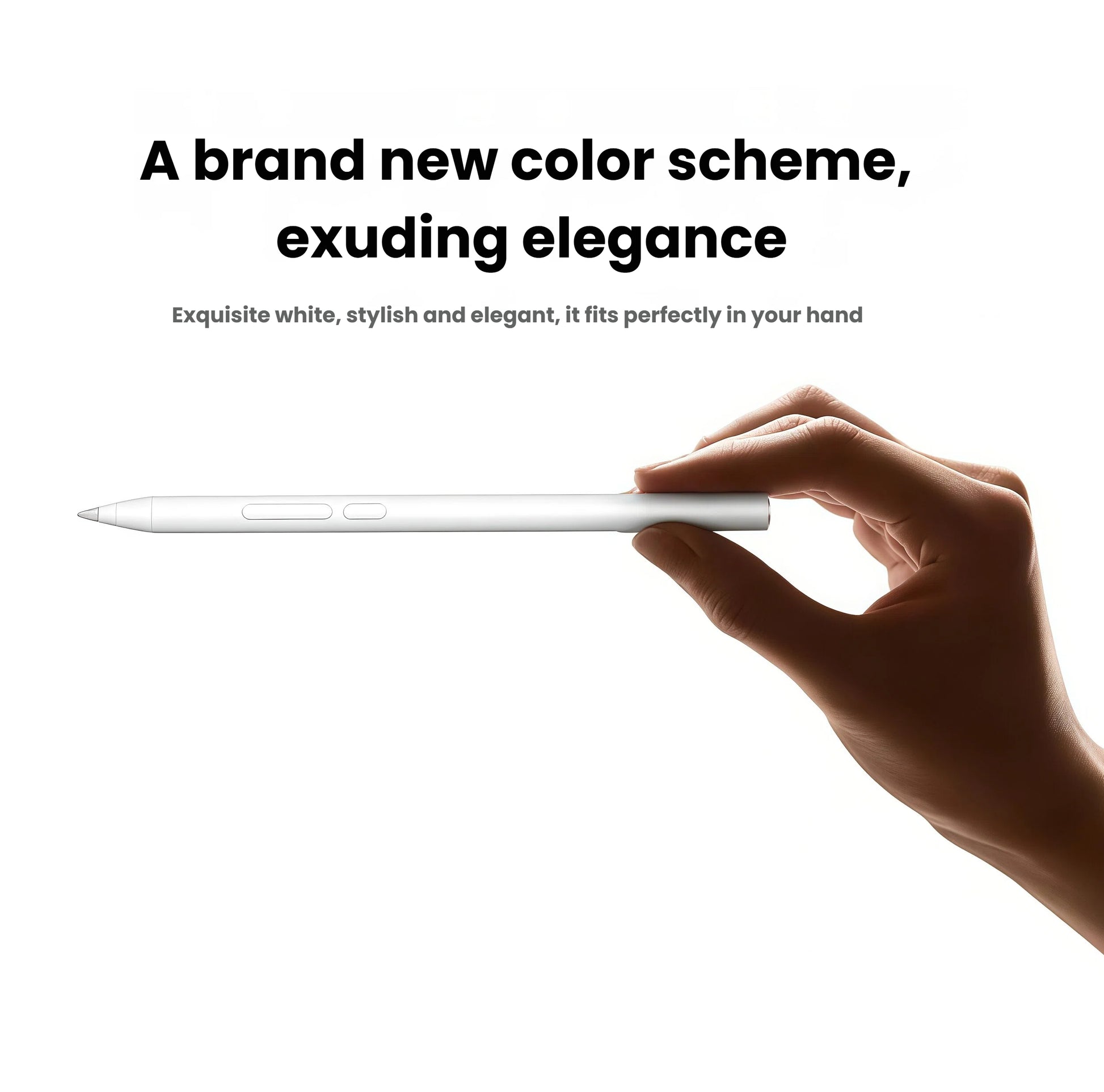 Close-up of hand holding Xiaomi stylus pen in elegant white color; sleek, lightweight design fits comfortably in hand for extended use.