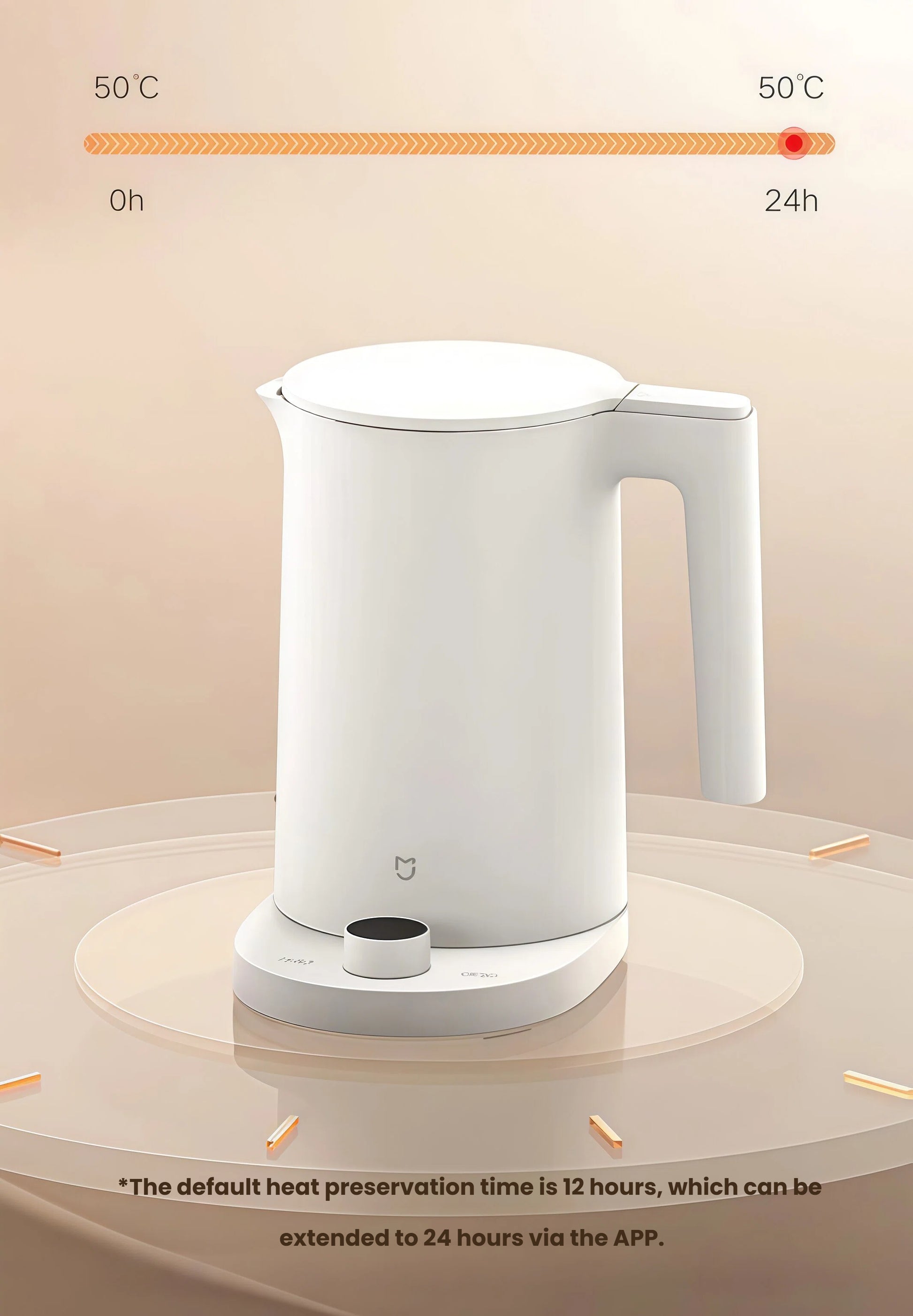 An image illustrating the 24-hour long-lasting heat preservation feature of the Xiaomi Smart Kettle 2 Pro, which can be extended from the default 12 hours via the smart app.