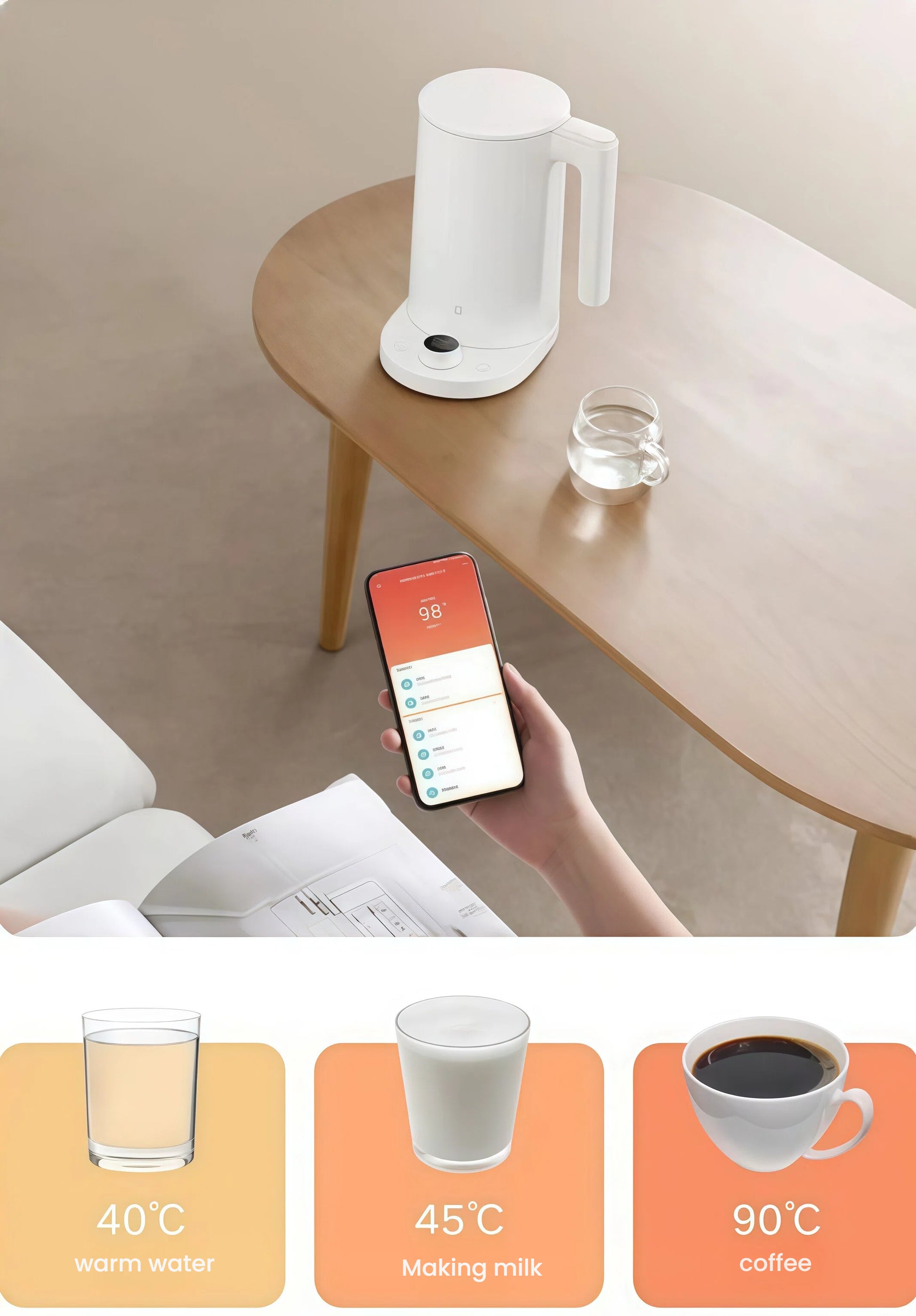 A person using the Mi Home app on a smartphone to control the Xiaomi Smart Kettle 2 Pro, with examples of preset temperatu[1][2]res for warm water (40°C), making milk (45°C), and coffee (90°C).