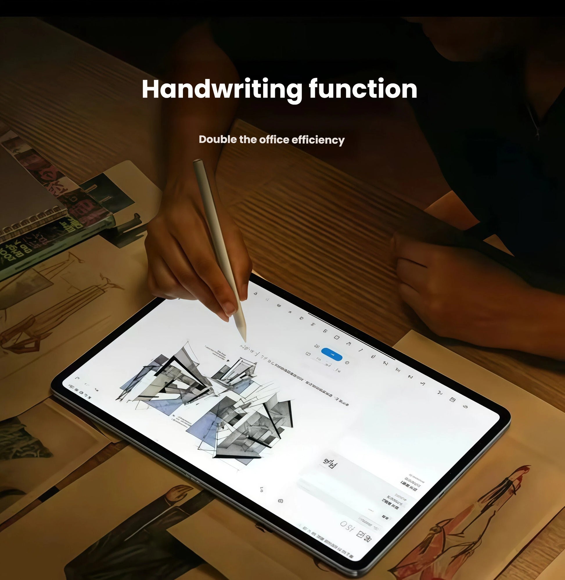 Person using Xiaomi stylus pen to write and sketch on Xiaomi Pad 7 tablet; handwriting function enhances note-taking, design work, and digital productivity.