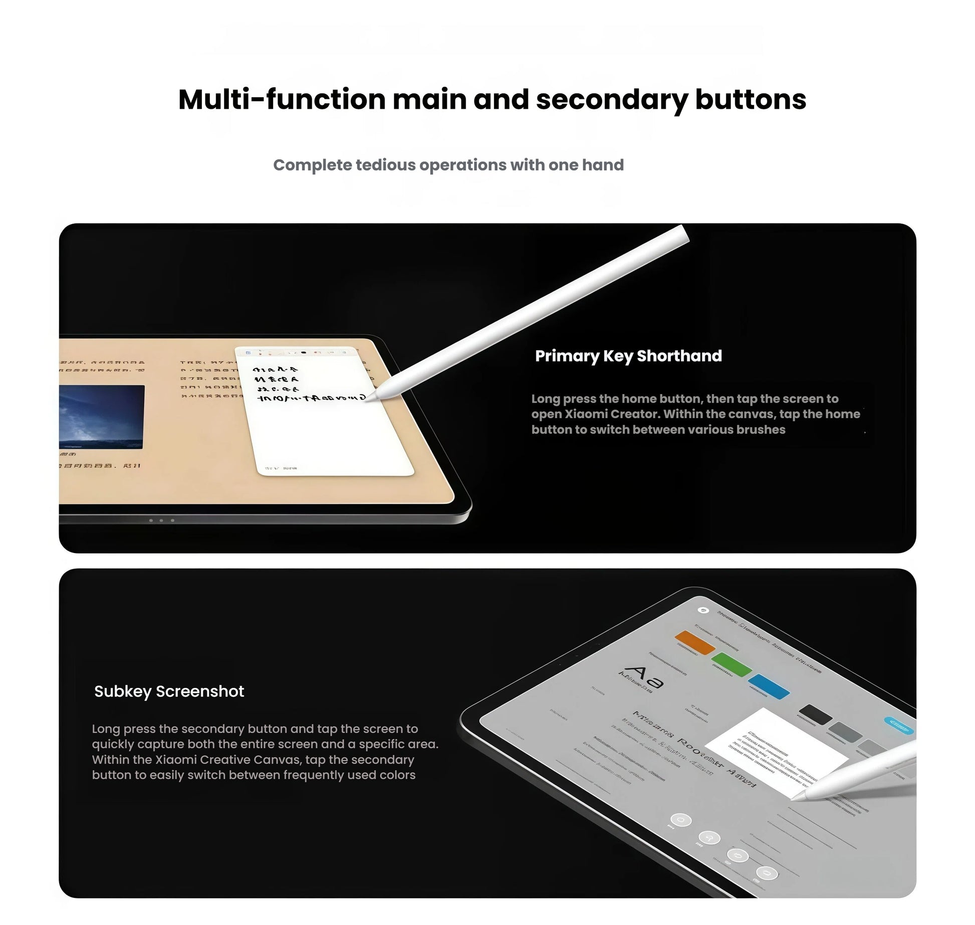 Xiaomi stylus pen with primary and secondary buttons demonstrated: long press to open Xiaomi Creator app, switch brushes, take screenshots, and toggle colors efficiently.