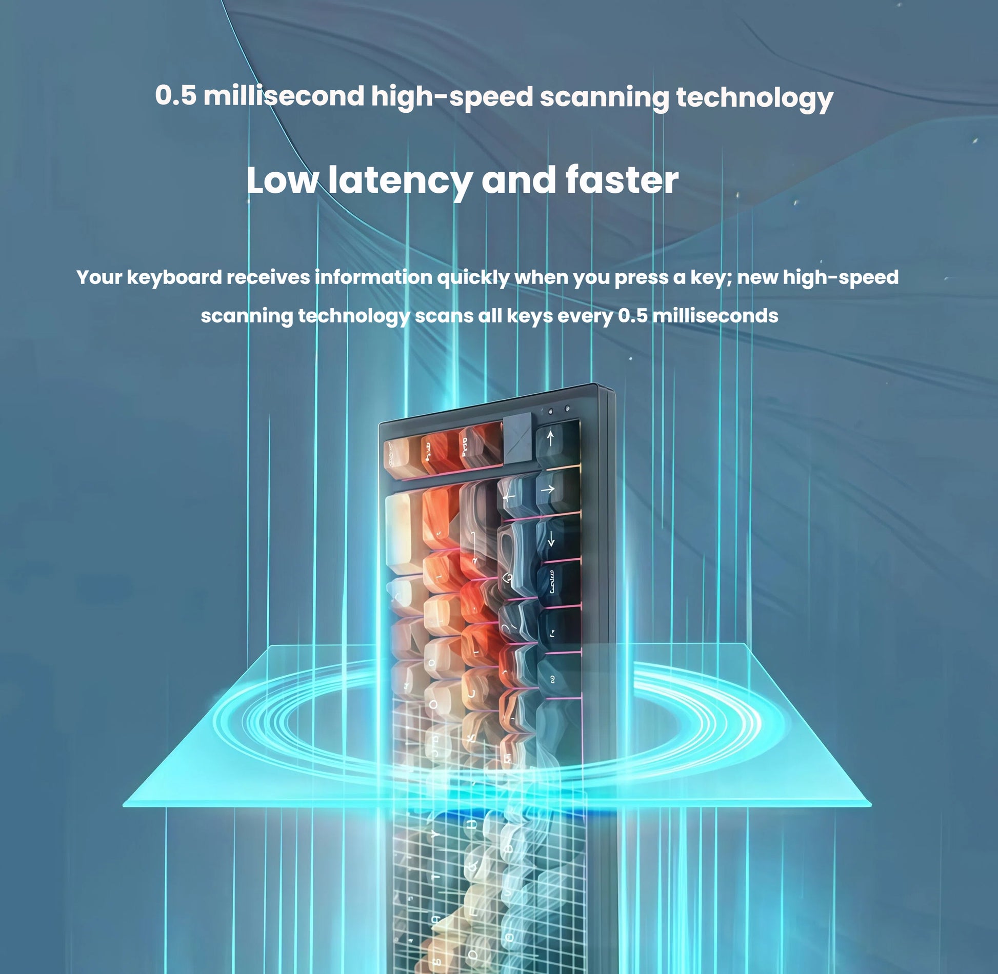 Illustration of the Xtrfy K5V2 keyboard using advanced 0.5 millisecond high-speed scanning technology, ensuring low latency and lightning-fast response time for competitive gaming performance.