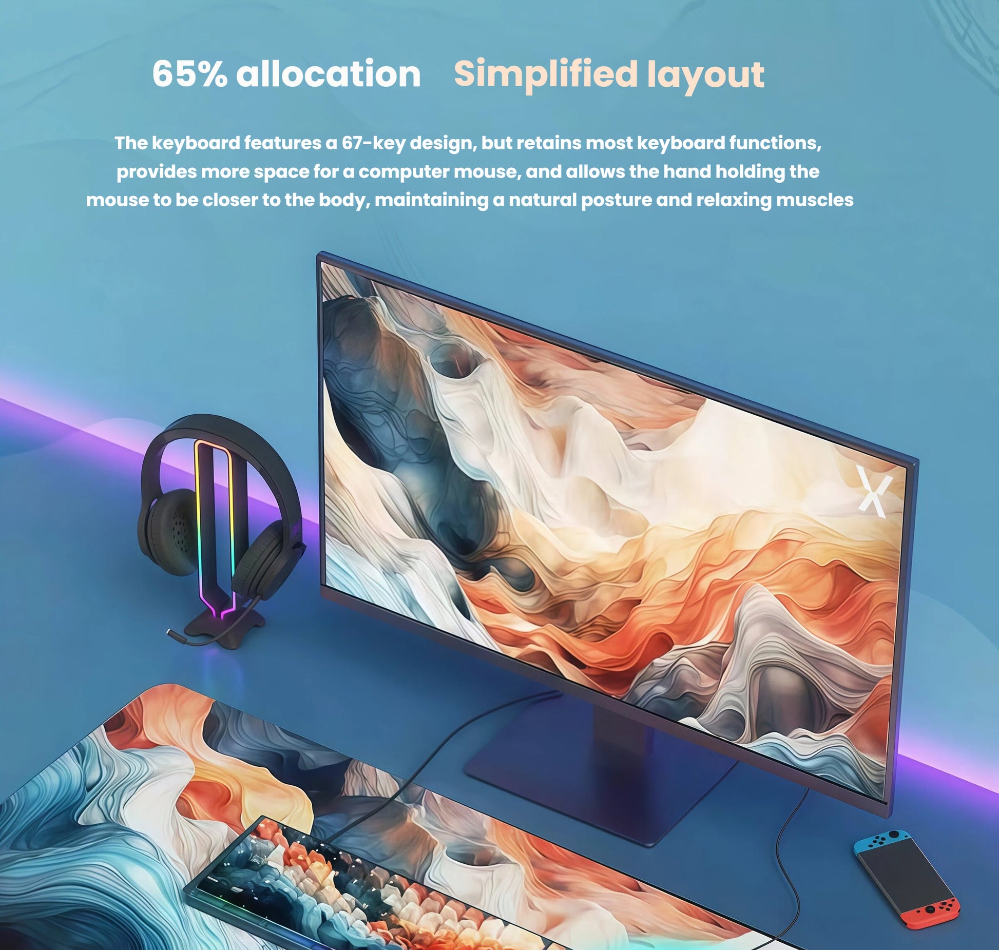 Desk setup featuring the Xtrfy K5V2 65% mechanical keyboard with a streamlined 67-key design, providing ample space for a mouse and promoting ergonomic posture for comfortable typing and gaming.