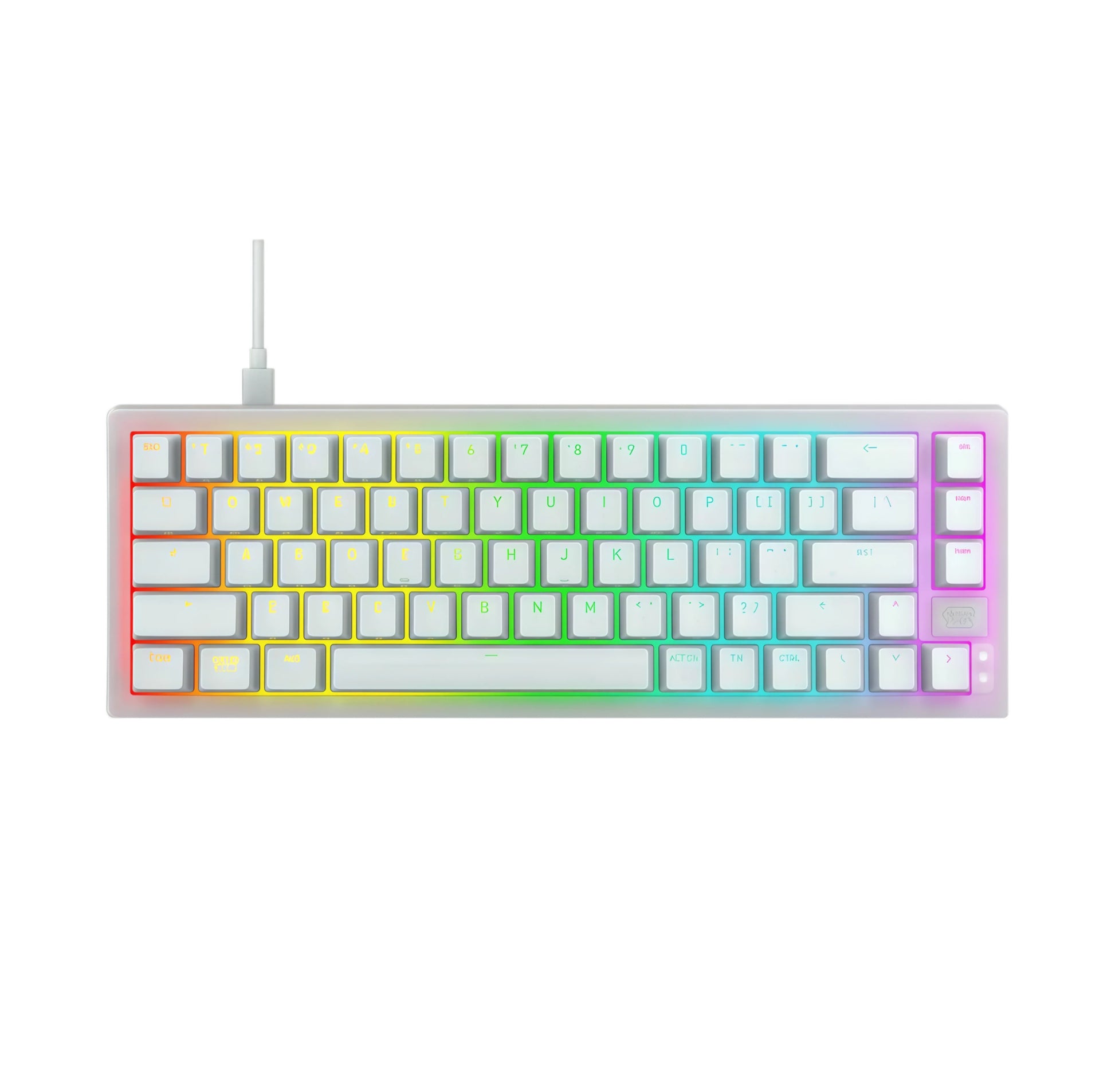 Front view of the Xtrfy K5V2 white mechanical keyboard featuring a compact 67-key layout and full rainbow RGB backlighting, offering a sleek, modern look ideal for minimalist desks and gamers.