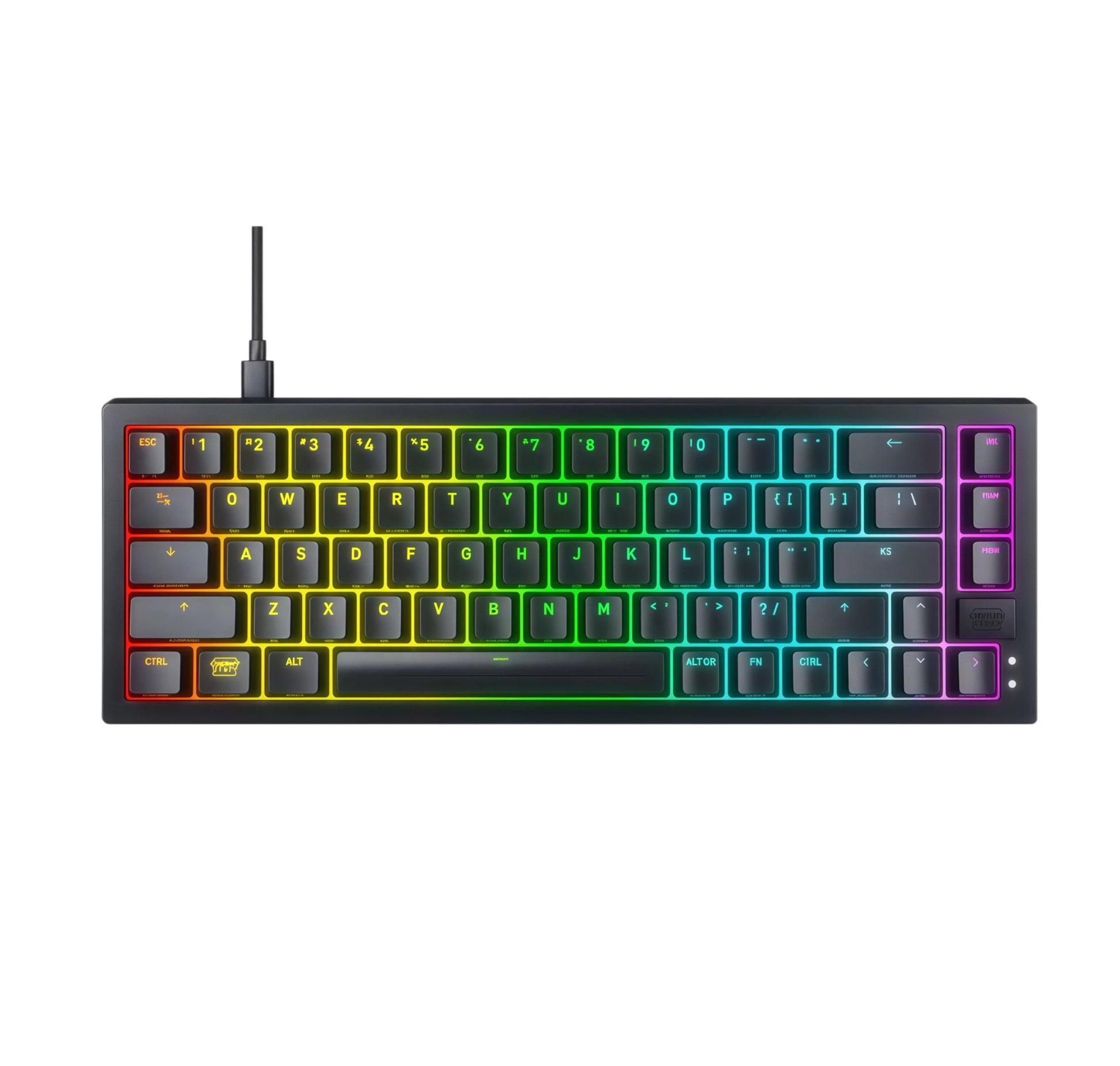 Top-down view of the Xtrfy K5V2 black mechanical keyboard with vibrant RGB lighting across all keys, showcasing a sleek, compact design perfect for gamers and productivity users alike.
