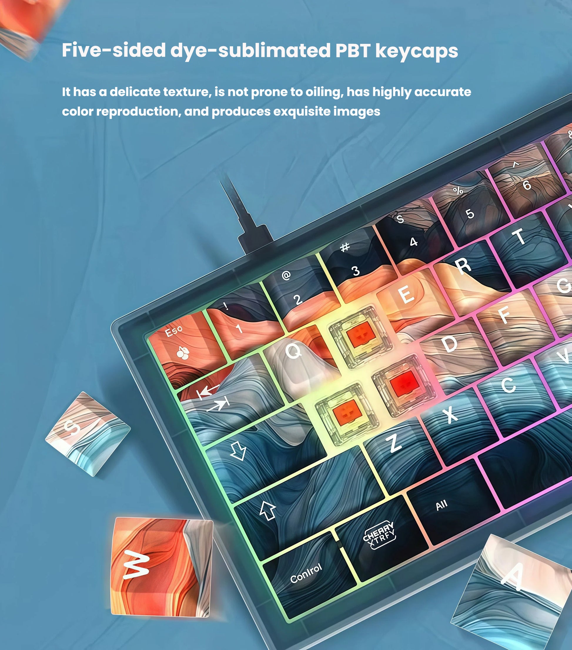 Close-up of the Xtrfy K5V2 keyboard's five-sided dye-sublimated PBT keycaps with intricate marbled artwork, showing durable texture, accurate color reproduction, and anti-oil resistance for long-lasting use.