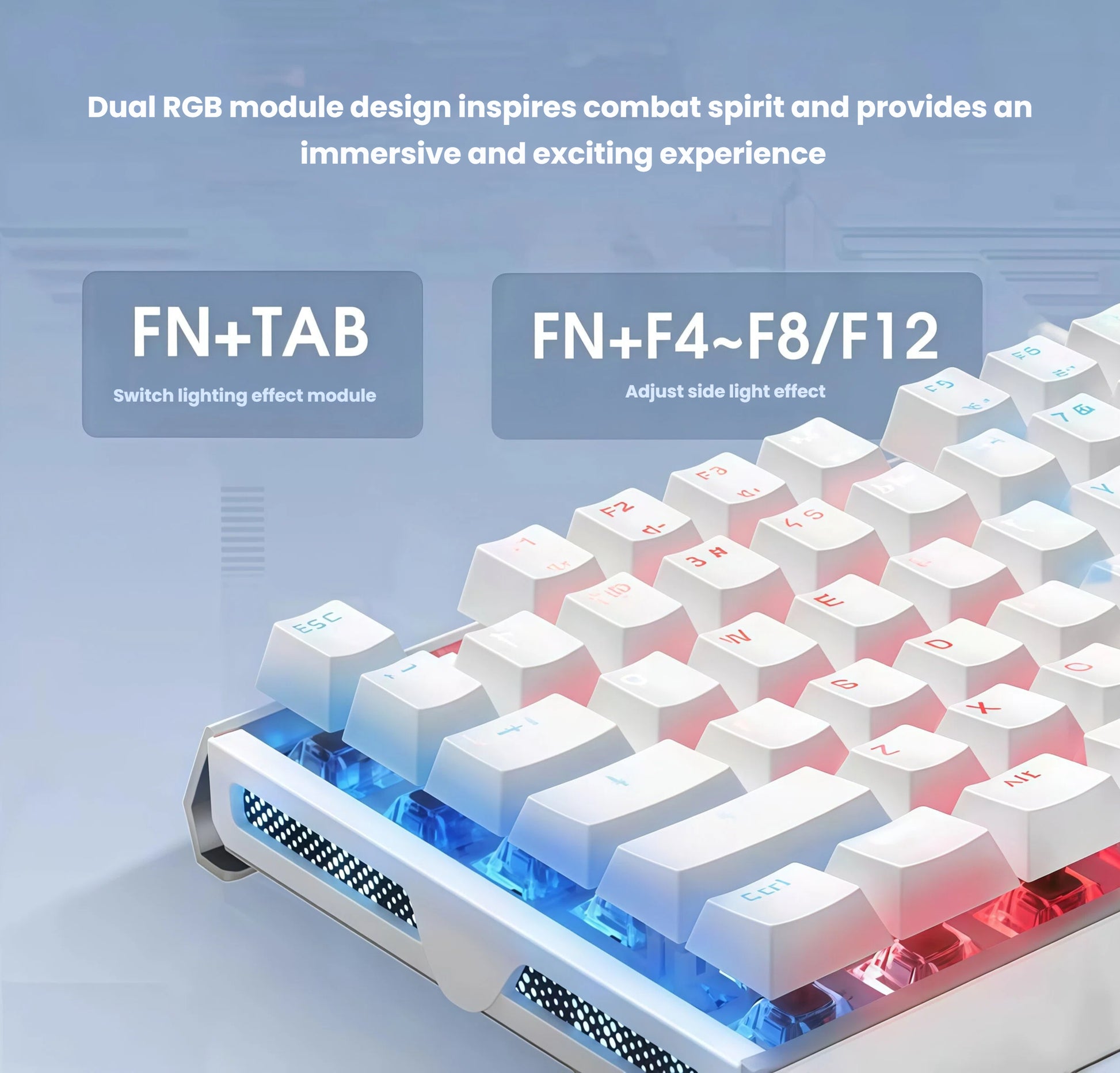 Close-up of the Xtrfy MX3.1 keyboard showing dual RGB modules with customizable side lighting effects using FN+TAB (switch lighting) and FN+F4~F8/F12 (adjust side light), enhancing visual immersion during gameplay.