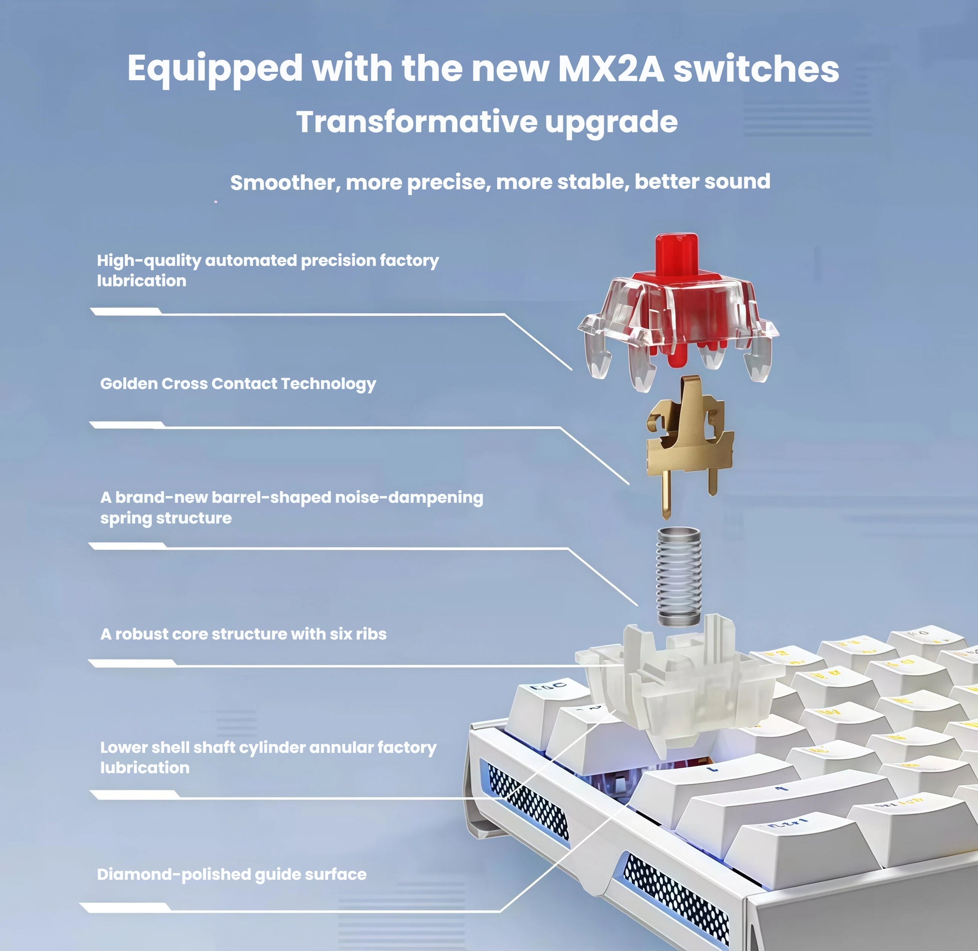 Detailed exploded diagram of the Xtrfy MX3.1’s new MX2A mechanical switches, featuring golden cross contact technology, barrel-shaped noise-dampening spring, six-rib core structure, and factory-lubricated components for smoother, more precise performance.