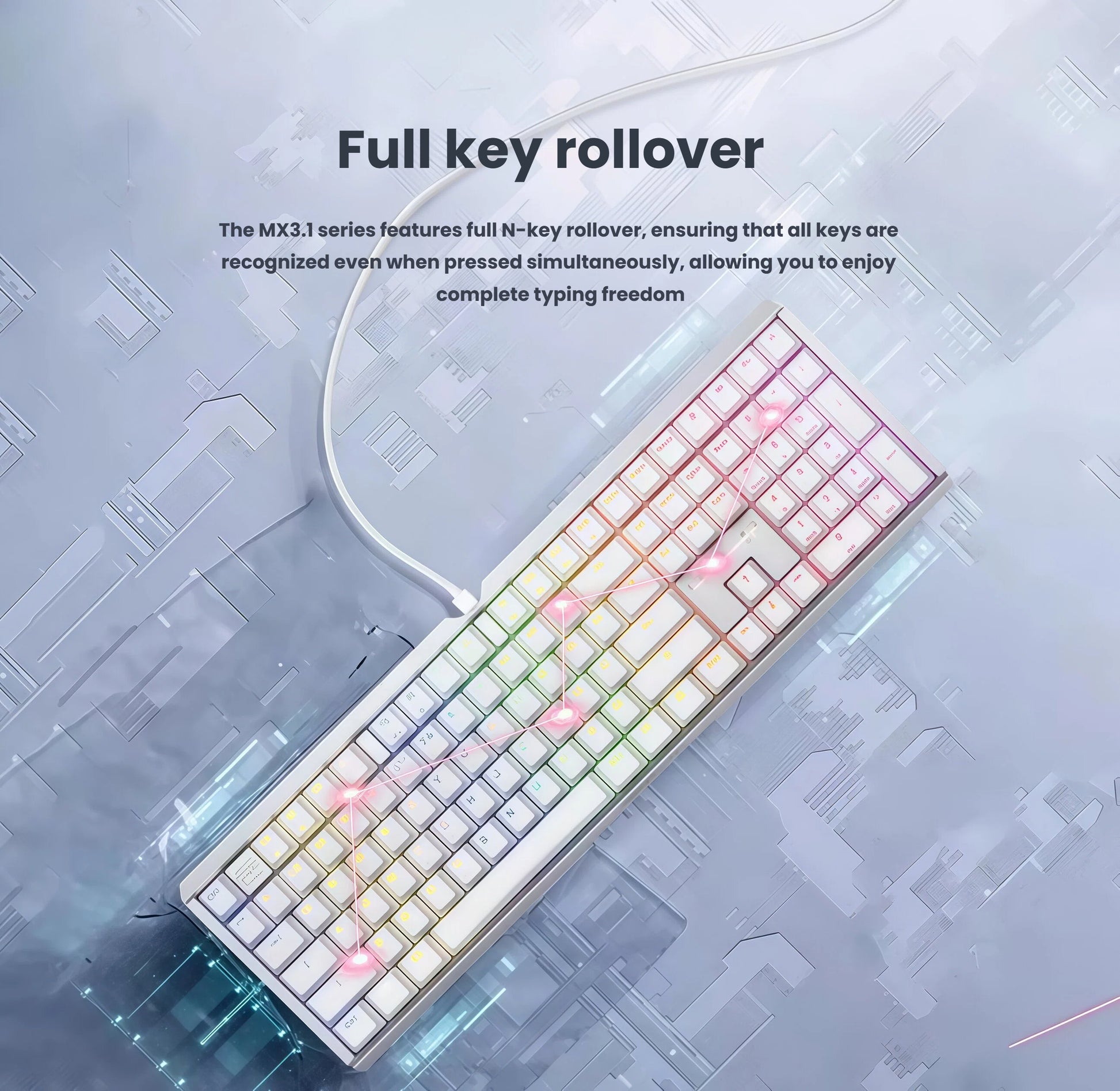 Angled shot of the Xtrfy MX3.1 keyboard highlighting its full N-key rollover capability, ensuring every key press is registered simultaneously — perfect for fast-paced gaming and typing without input lag.