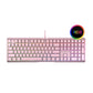 Front view of the Xtrfy MX3.1 mechanical gaming keyboard in pink colorway featuring vibrant RGB backlighting, full-size layout, and sleek matte finish for a stylish and modern gaming setup.
