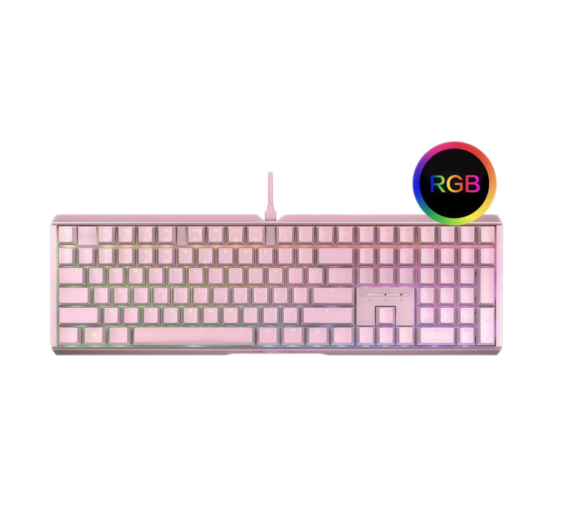 Front view of the Xtrfy MX3.1 mechanical gaming keyboard in pink colorway featuring vibrant RGB backlighting, full-size layout, and sleek matte finish for a stylish and modern gaming setup.
