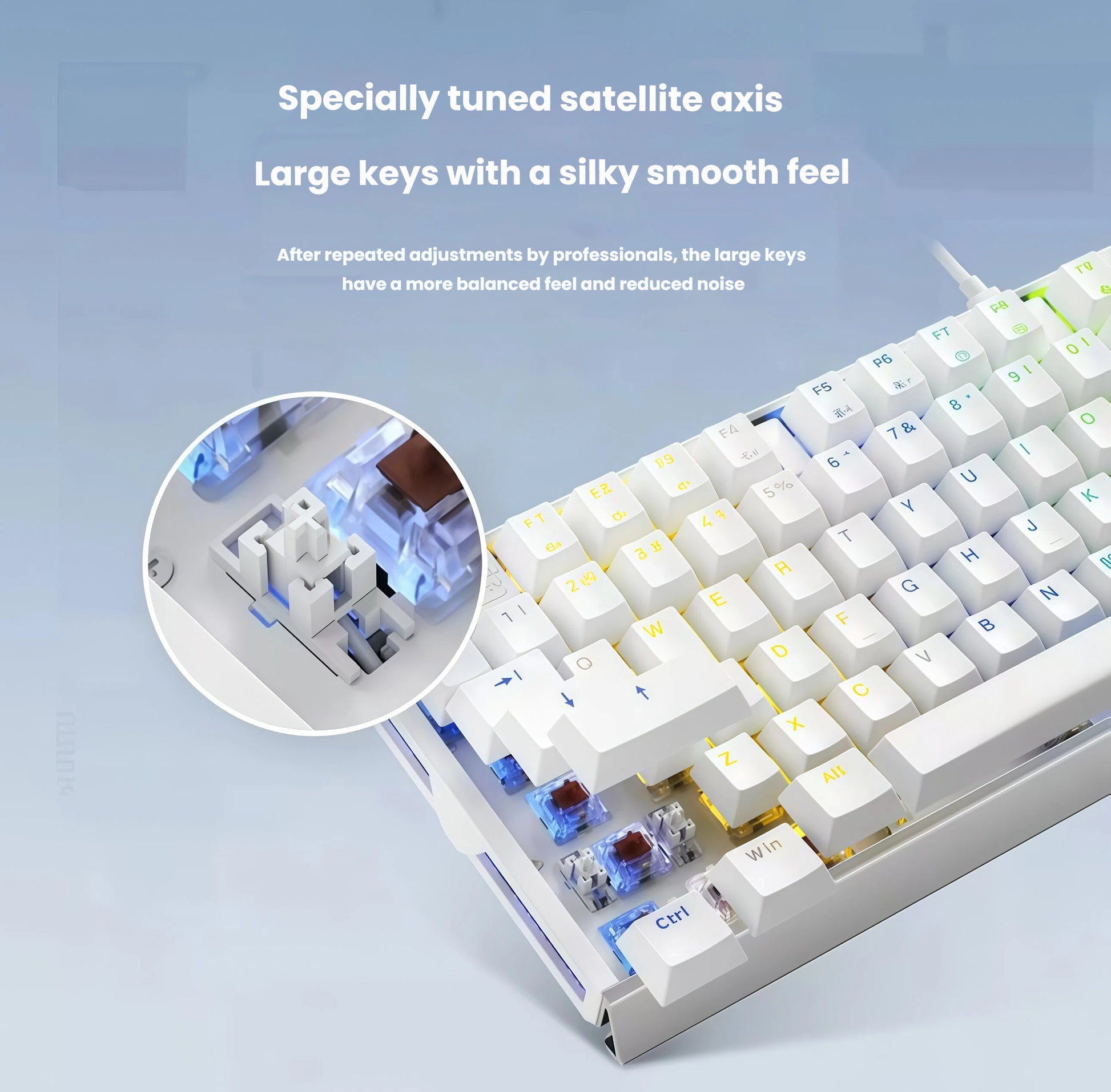 Close-up of the Xtrfy MX3.1 keyboard’s specially tuned satellite axis mechanism, providing balanced, silky-smooth feel and reduced noise for large keys like spacebar, shift, and enter.