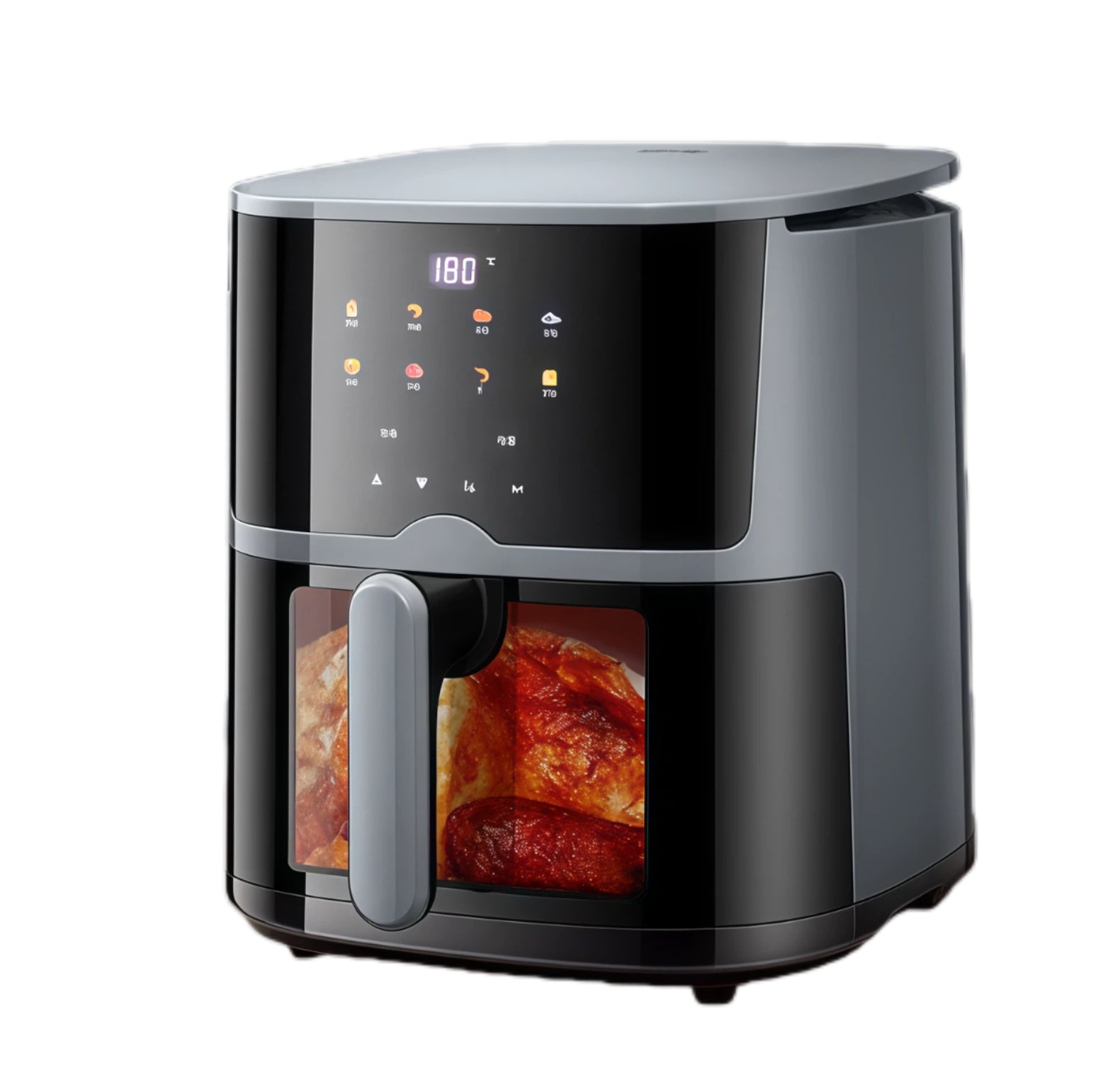 The Yamazen 5.5L oil-free air fryer in a stylish grey and black finish, with the digital touch control panel lit up and a whole chicken visible through the transparent window.