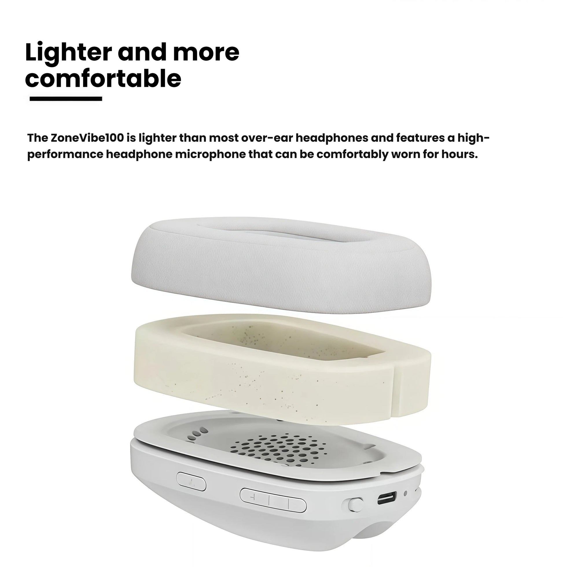 Exploded view of the Zone Vibe 100 ear-cup padding and headband foam, highlighting the lightweight, breathable materials engineered for long-lasting comfort.