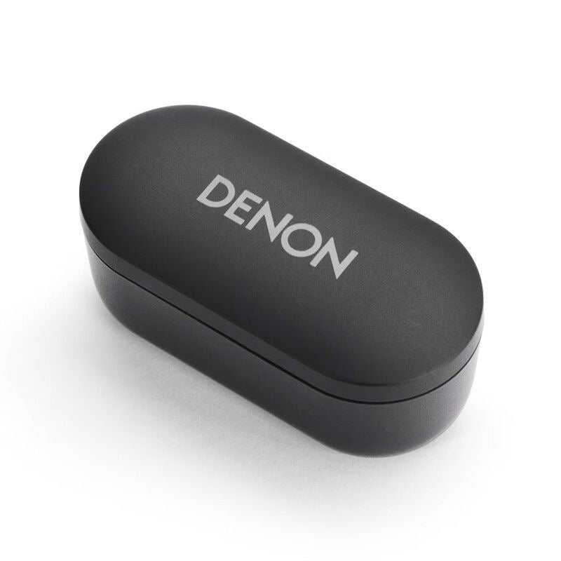 Denon PerL charging case closed with embossed Denon logo