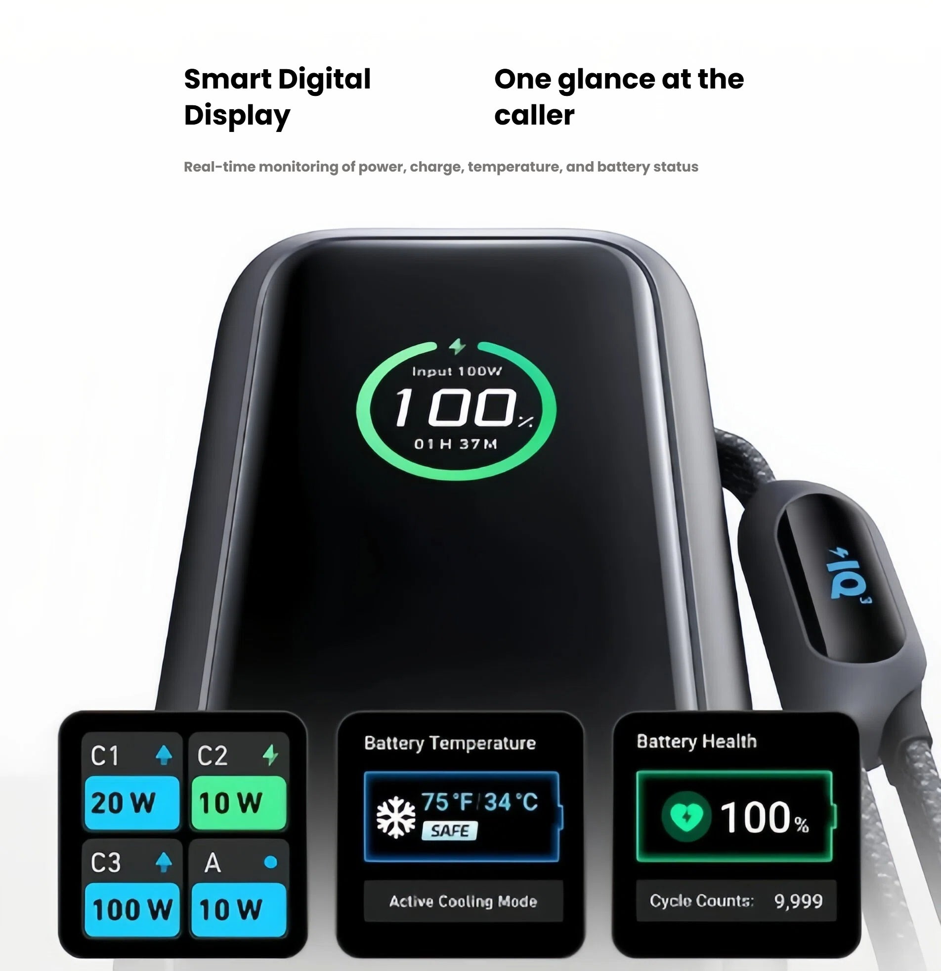 Anker power bank smart digital display showing input wattage, battery temperature, cycle count and health status