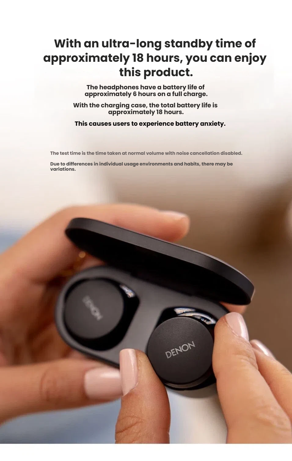 Denon PerL 18-hour total battery life with charging case