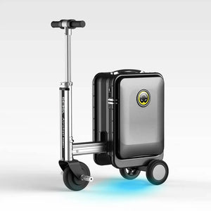 The Airwheel SE3SL electric rideable suitcase fully converted into scooter mode, showcasing its sleek metallic design, extended handlebar, front motor wheel, and a cool blue LED underglow light