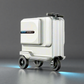 A modern silver-white Airwheel SE3T electric scooter luggage in ride mode, showcasing its streamlined design and sturdy aluminum alloy frame, making it the ideal companion for airport travel.
