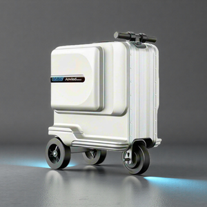 A modern silver-white Airwheel SE3T electric scooter luggage in ride mode, showcasing its streamlined design and sturdy aluminum alloy frame, making it the ideal companion for airport travel.