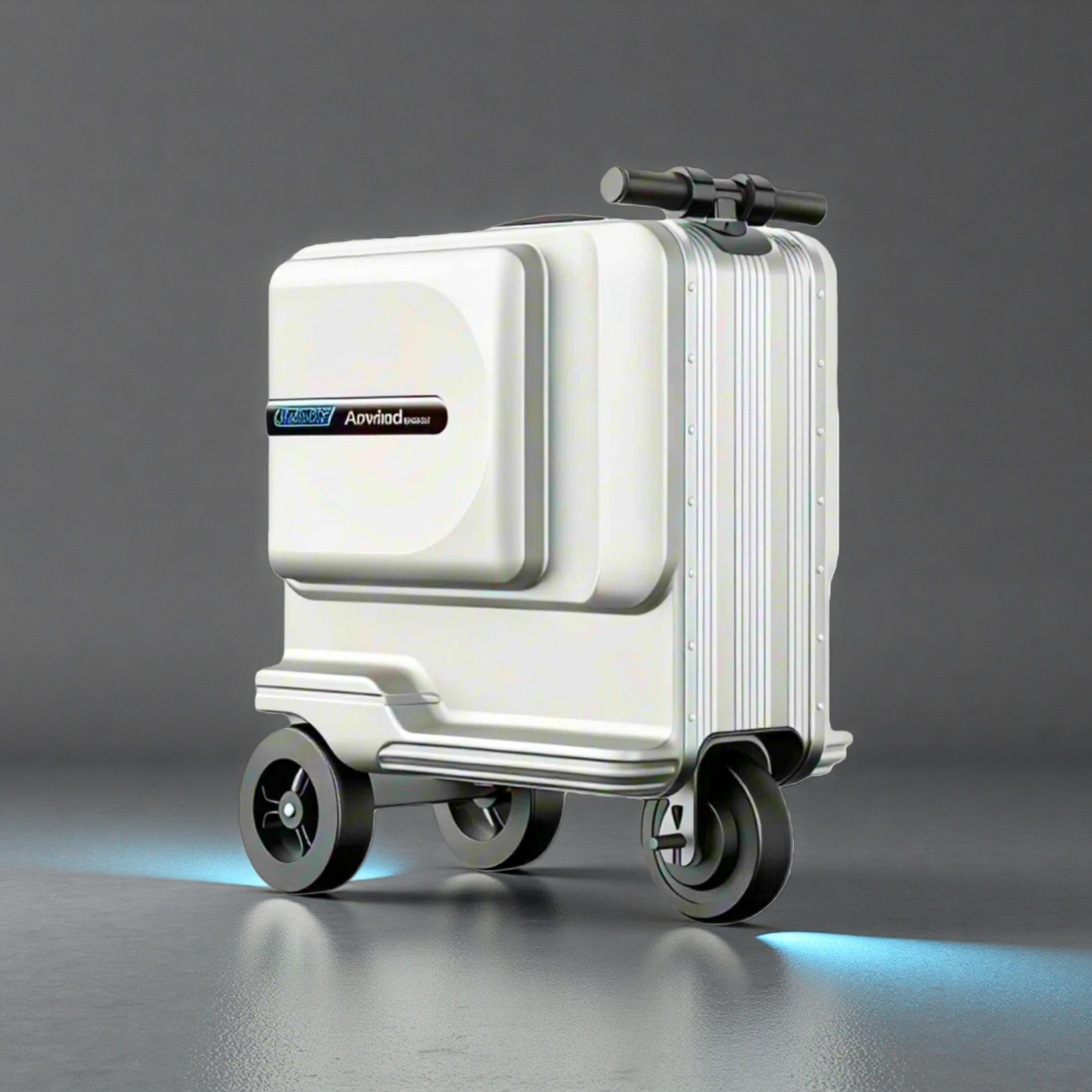 A modern silver-white Airwheel SE3T electric scooter luggage in ride mode, showcasing its streamlined design and sturdy aluminum alloy frame, making it the ideal companion for airport travel.
