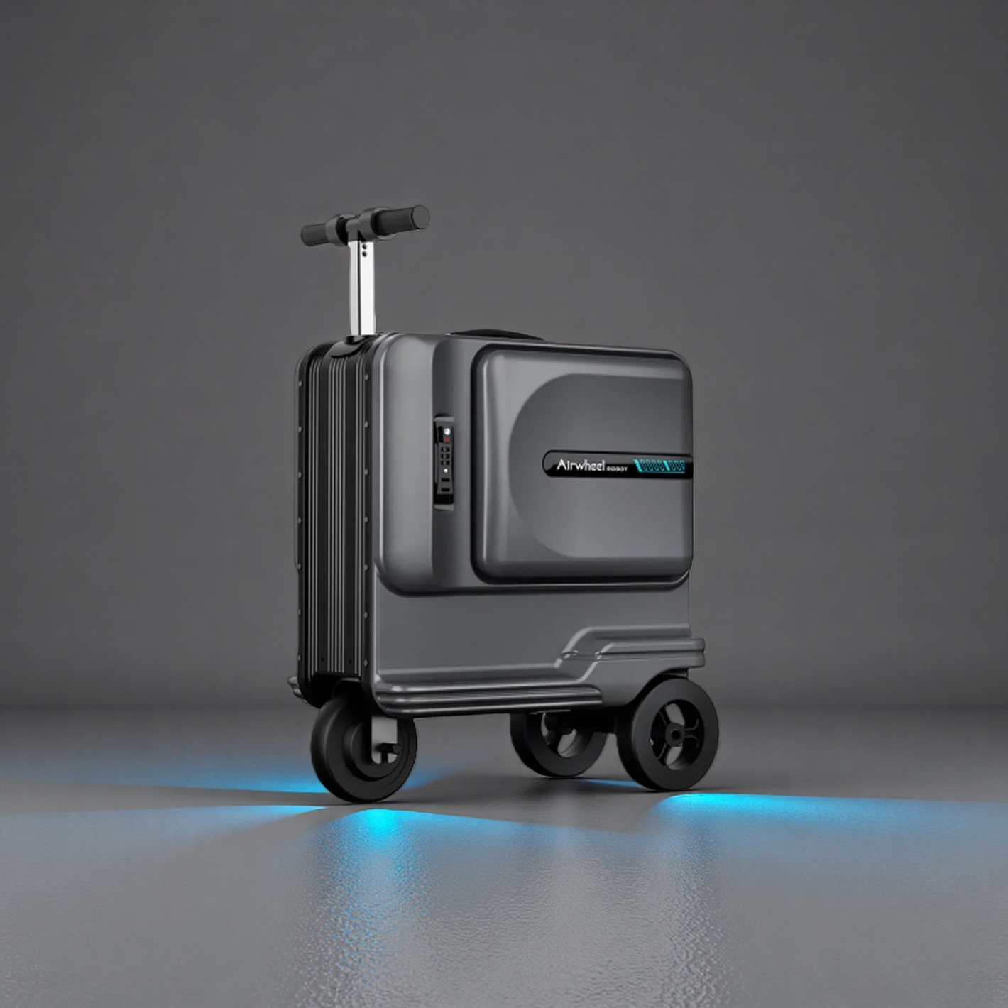 The professional black Airwheel SE3T rideable carry-on suitcase, with its extended telescopic handle in towing mode and blue LED underglow illuminated, showcases its technological sophistication and business style