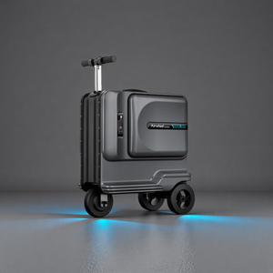 The professional black Airwheel SE3T rideable carry-on suitcase, with its extended telescopic handle in towing mode and blue LED underglow illuminated, showcases its technological sophistication and business style