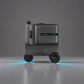 Black Airwheel SE3T electric scooter suitcase in ride mode with the smart handlebar in position, ready to go. The blue light underneath emphasizes its futuristic travel features