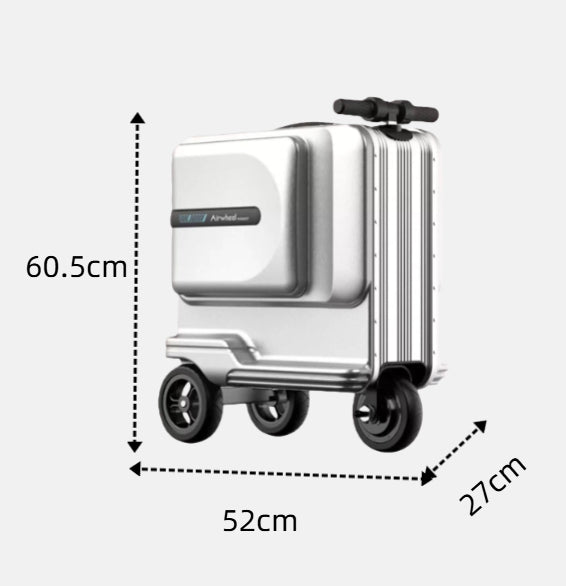Side view of the silver Airwheel SE3T smart rideable luggage, clearly showing its product dimensions: 60.5 cm in height, 52 cm in length, and 27 cm in width, suitable for carry-on.