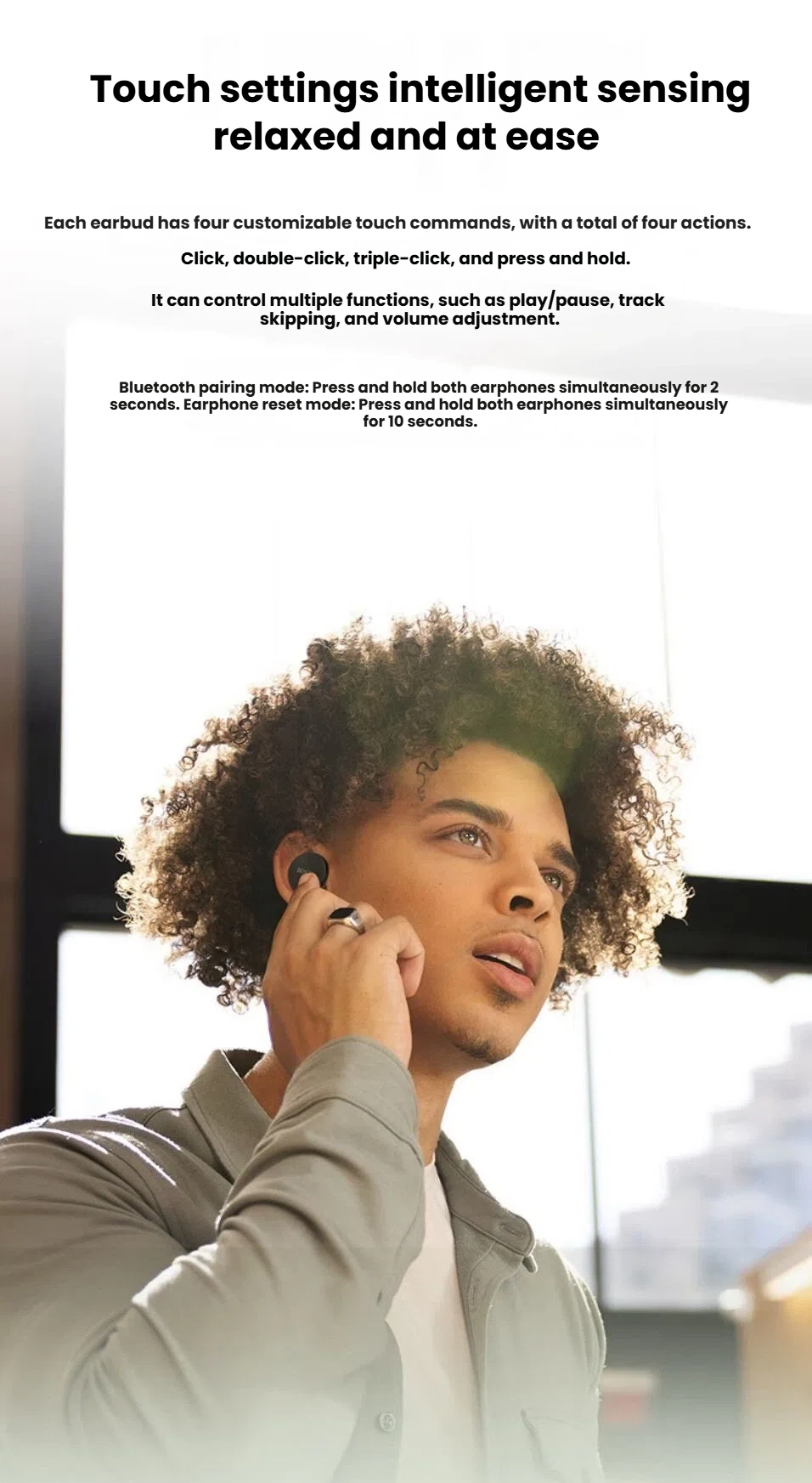 Denon PerL earbud customisable touch controls in use