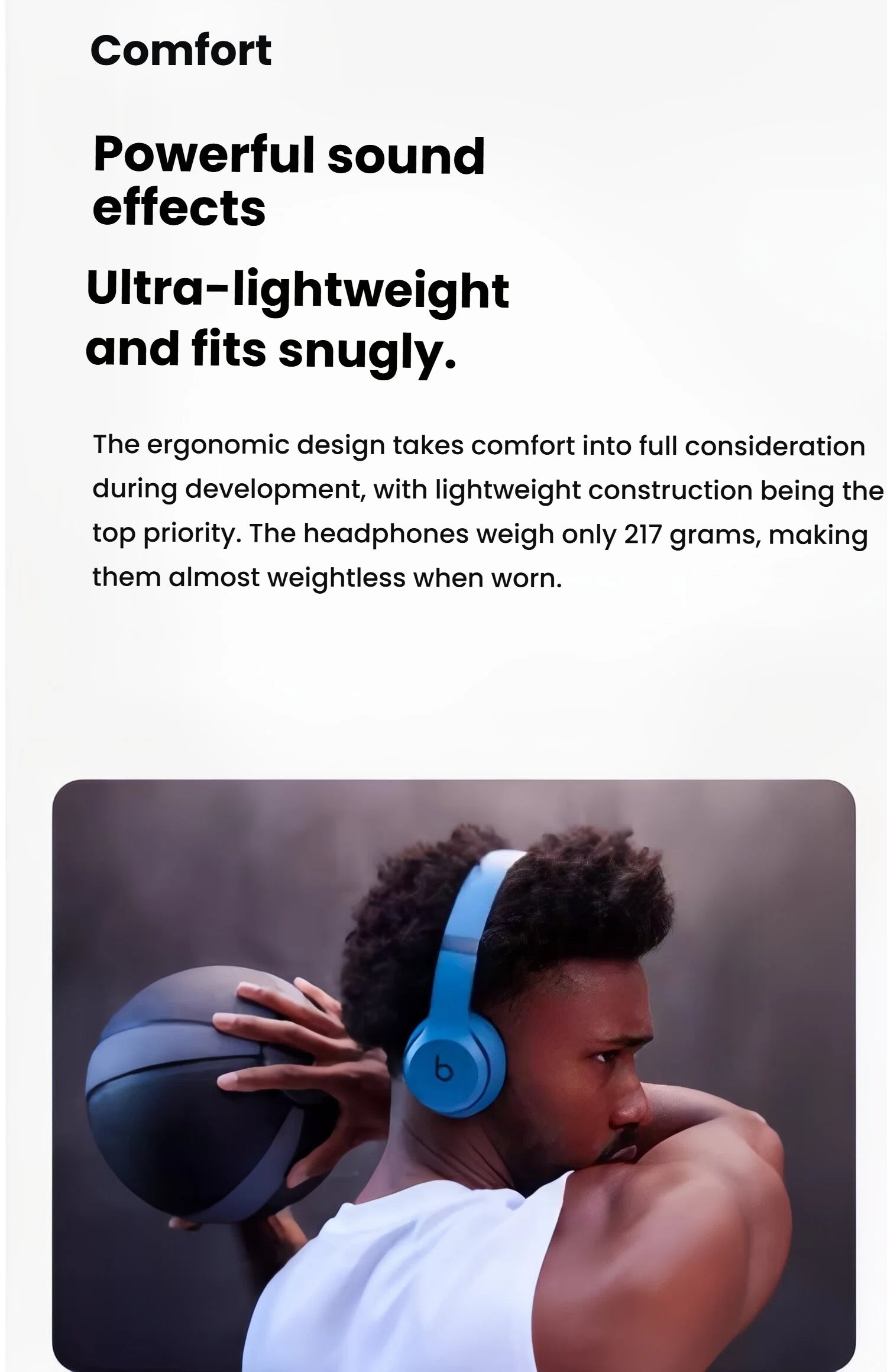 A man wearing the blue Beats Solo 4 on-ear headphones while holding a basketball, demonstrating the ultra-lightweight, comfortable, and snug fit for all-day wear.