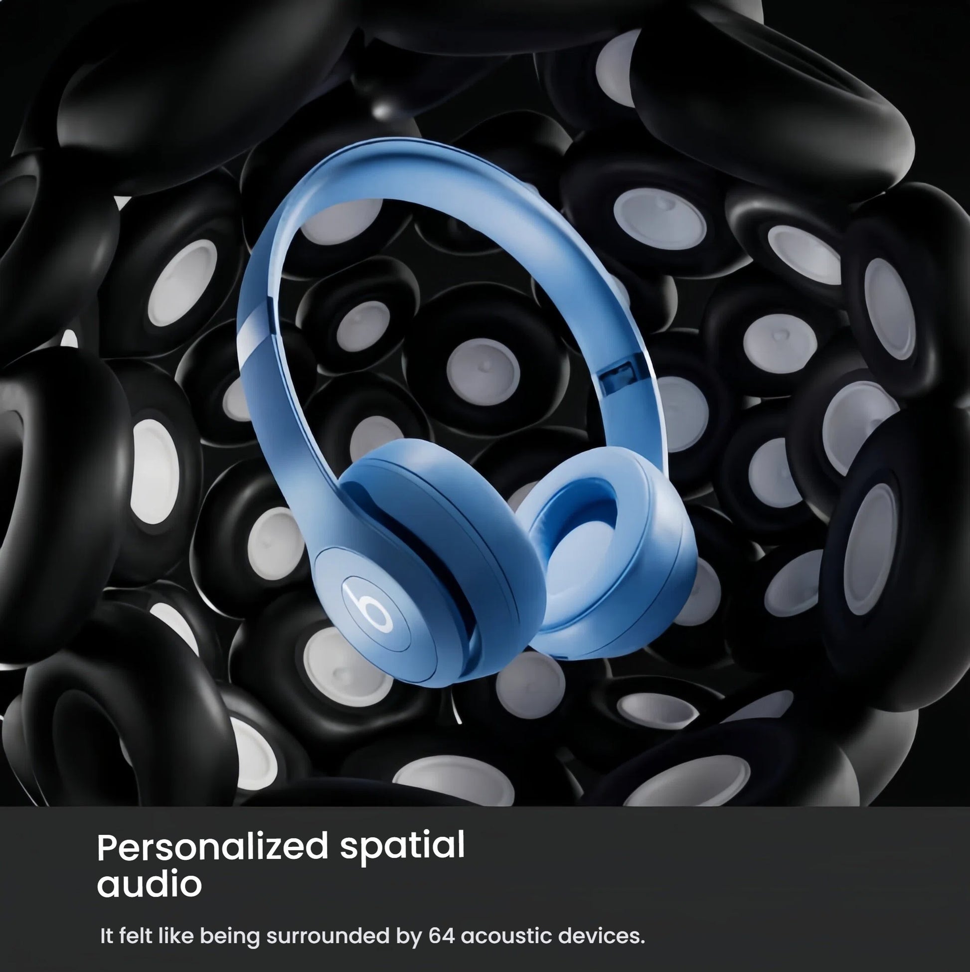 Blue Beats Solo 4 headphones surrounded by abstract audio elements, illustrating the immersive sound of Personalized Spatial Audio with dynamic head tracking.