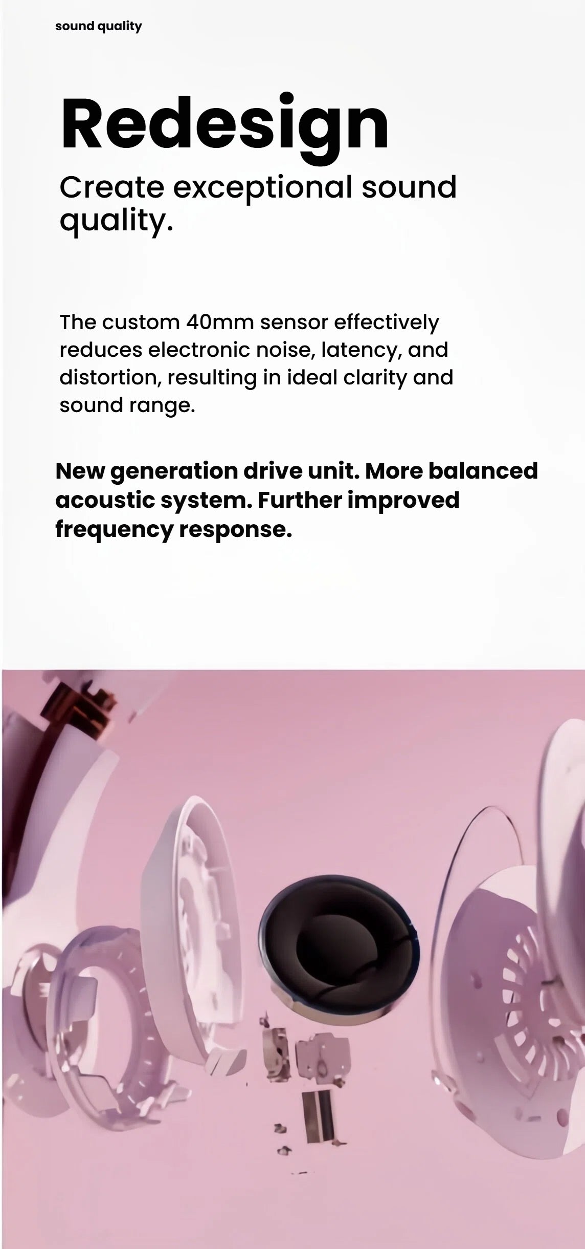 An exploded-view diagram of the Beats Solo 4 showing the redesigned internal components and custom 40mm driver that create its exceptional sound quality.