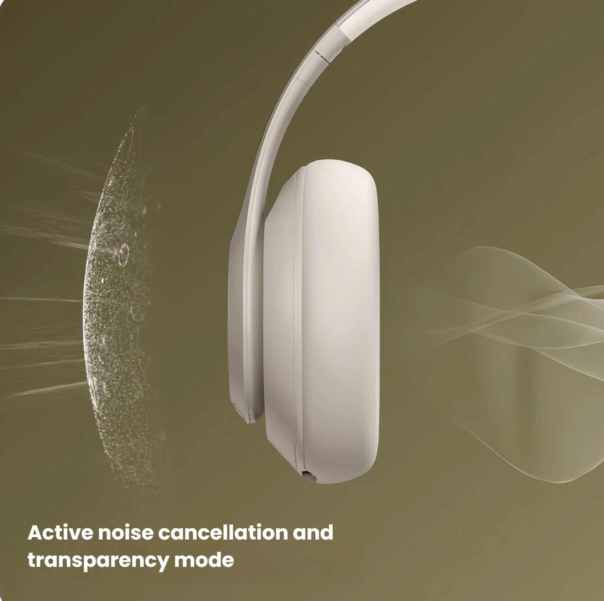 A close-up of a Beats Studio Pro earcup illustrating the difference between Active Noise Cancellation blocking sound and Transparency Mode allowing sound through