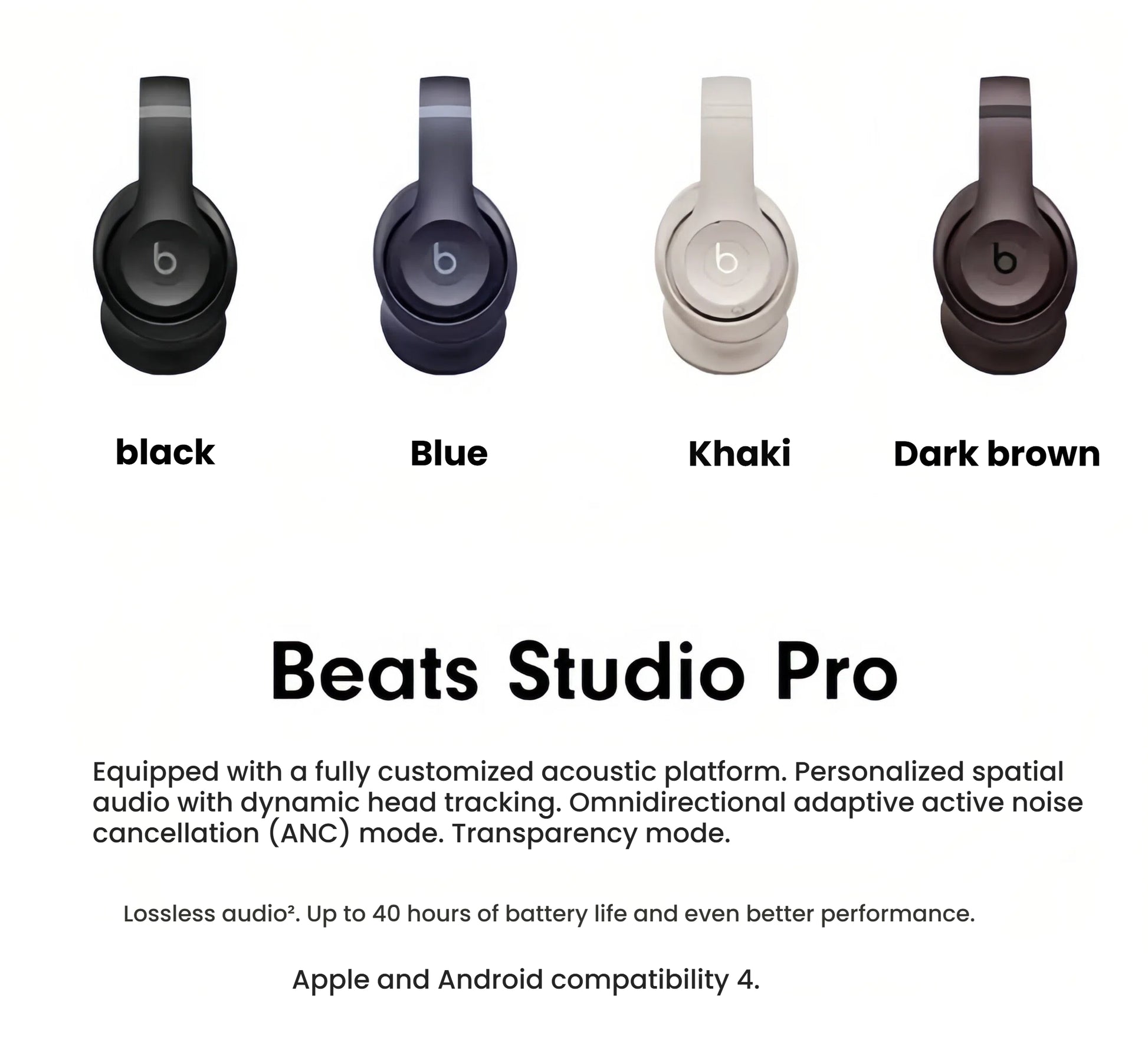 All four color options for the Beats Studio Pro wireless headphones: Black, Blue, Khaki, and Dark Brown, shown in a row
