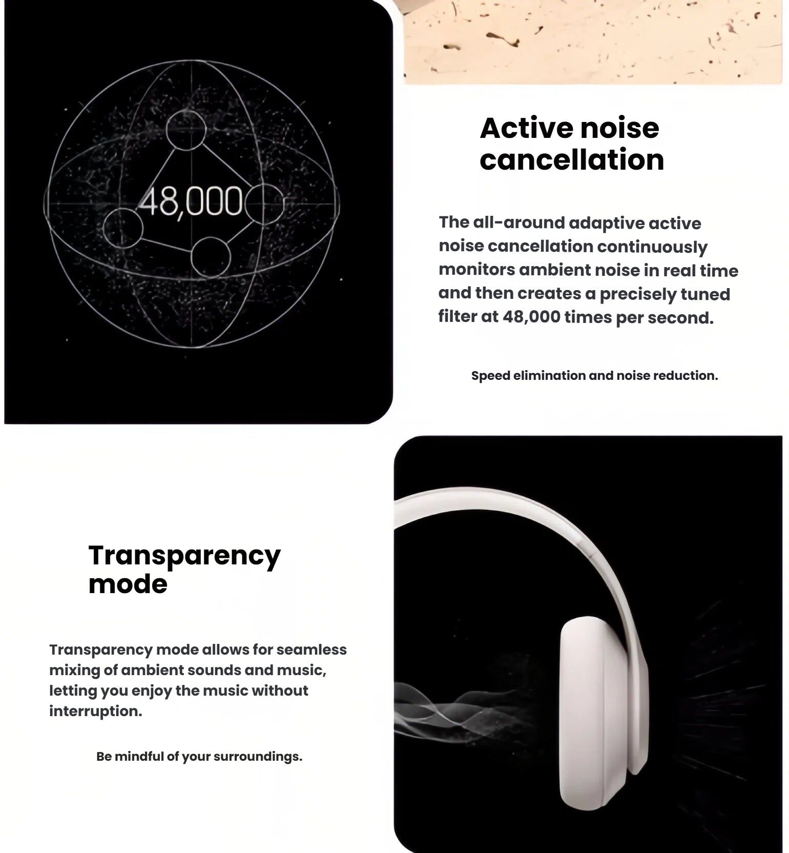 Infographic detailing the technology behind Beats Studio Pro's all-around adaptive Active Noise Cancellation and its seamless Transparency Mode.